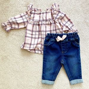 Baby Girls’ pink plaid tunic + jean leggings set